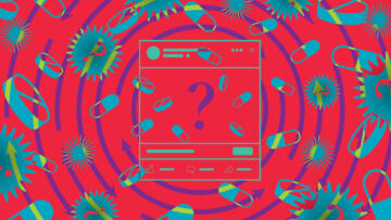Illustration of the outlines of a Facebook ad, with a question mark in the middle. Various pills are falling throughout the composition.
